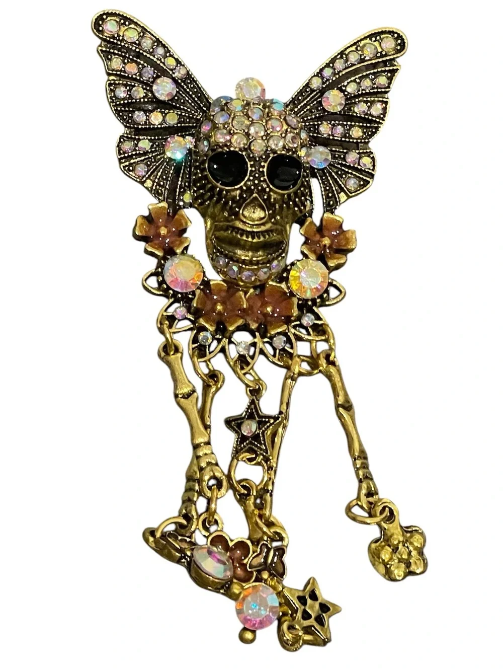Gold Crystal Skull Dangle Brooch Pin - Women Jewelry